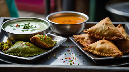 Tasty Indian samosas served in metal plates, selective focusの素材