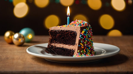 Birthday cake with candle on wooden table and bokeh backgroundの素材