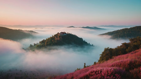 Foggy morning in the mountains. Panoramic image.の素材