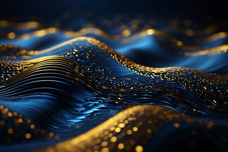 3d render, abstract wavy background with blue and gold linesの素材