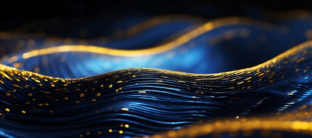 3d rendering of abstract wavy surface with glowing particles. Futuristic background with depth of field and bokeh effect.の素材