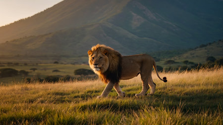 Lion walking in the savannah of Masai Mara in Kenyaの素材