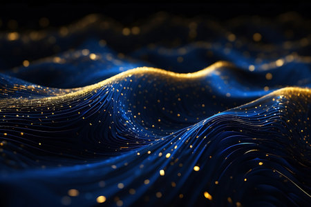 3d rendering of abstract blue particles flow in dark space with depth of fieldの素材