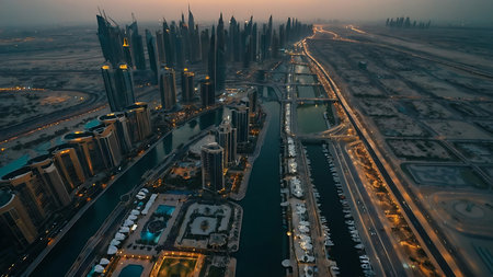 Aerial view of Dubai Marina at sunset, United Arab Emiratesの素材