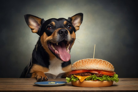 Cute dog with hamburger on dark background. Close up.の素材