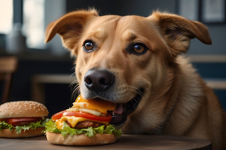 Cute dog with hamburger at table in cafe, closeupの素材