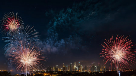 Colorful fireworks of various colors over night sky and cityscape backgroundの素材