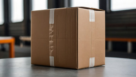 Close-up of cardboard box on table in warehouse, shallow depth of fieldの素材
