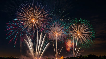 Colorful fireworks of various colors over night sky for celebration and anniversaryの素材