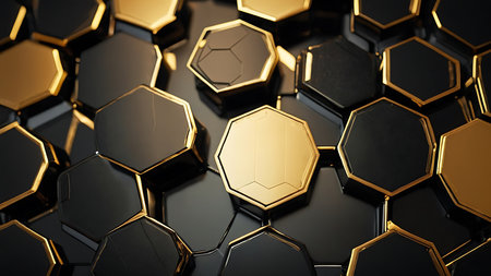 3d rendering of black hexagonal background with golden hexagons.の素材