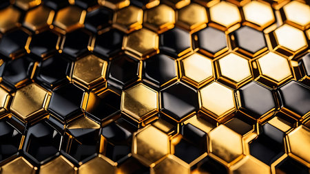Abstract 3d rendering of golden hexagons background. Creative concept for web banner, wallpaper, surface design.の素材