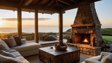 Cozy living room with fireplace on the background of the sea at sunsetの素材