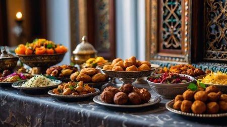 Traditional indian food on the table at Ramadan Kareem festival.の素材