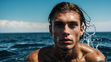 Handsome young man in the sea water splashes. Close-up portraitの素材