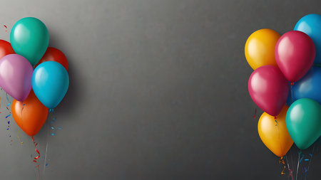 Colorful balloons with confetti on black background. Happy birthday conceptの素材