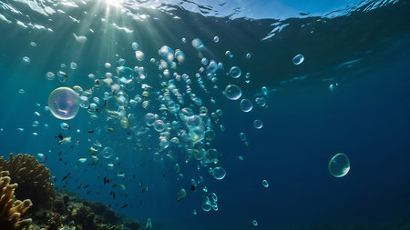 Underwater view of a tropical coral reef with soap bubbles and sunlightの素材