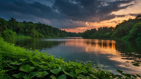 Sunset at the lake in the jungle. Landscape of nature.の素材