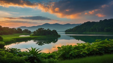 Landscape of lake and mountain in the morning,Thailand.の素材