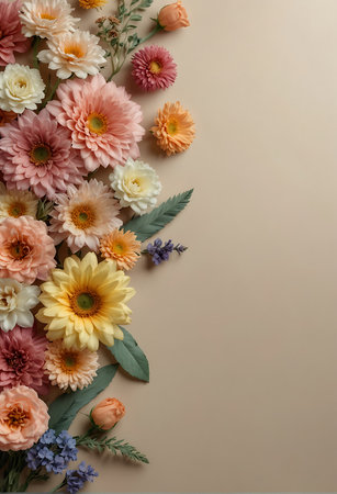 Flowers composition. Frame made of colorful flowers on beige background. Flat lay, top view, copy spaceの素材