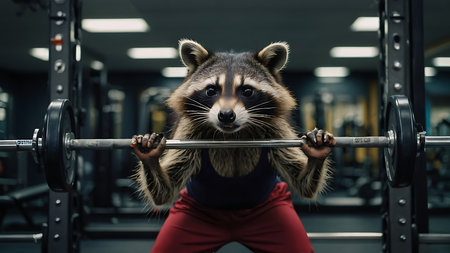 Raccoon training in the gym. The raccoon lifts the barbell.の素材