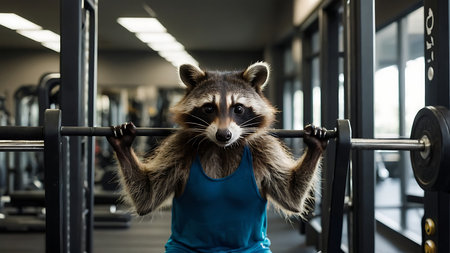 Raccoon doing exercises in the gym. Healthy lifestyle concept.の素材