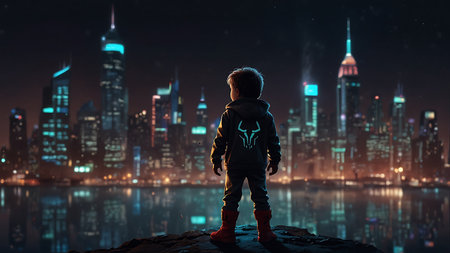 Cute little boy looking at modern city at night. Mixed mediaの素材