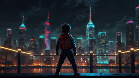 Little boy standing on bridge and looking at night city. Mixed mediaの素材