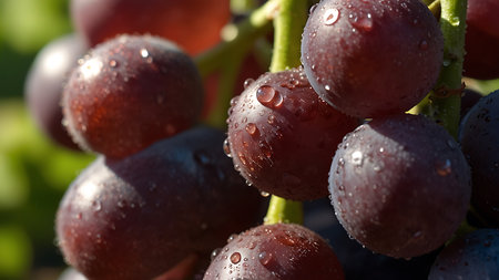 Bunch of ripe red grapes with water drops on a vine.の素材