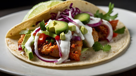 Mexican tacos with chicken meat, avocado, cucumber and tomatoの素材