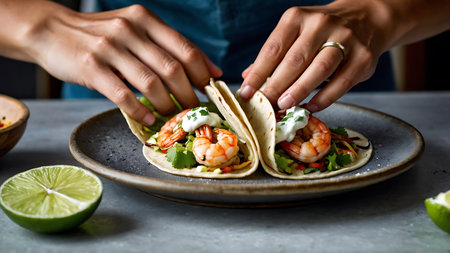 Female hands hold tortillas with shrimps and lime on the tableの素材