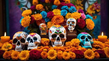 Day of the Dead sugar skulls with marigold flowers in backgroundの素材