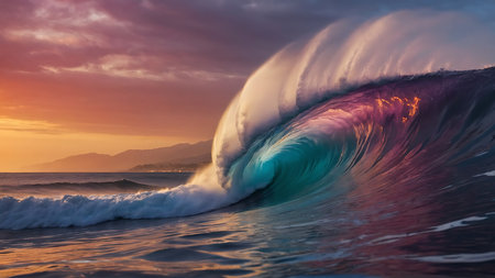 Surfing ocean wave at sunset time. 3D Rendering.の素材