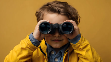 Little boy in yellow raincoat looking through binoculars on yellow backgroundの素材