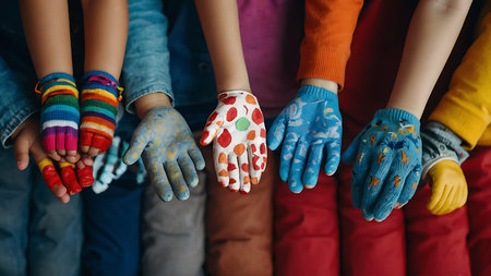 Children's hands in colorful gloves on the background of a red wallの素材