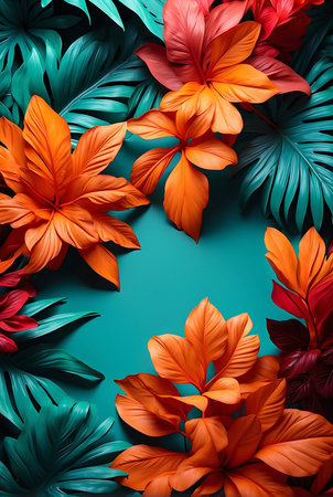 Creative layout made of tropical leaves. Flat lay, top view.の素材