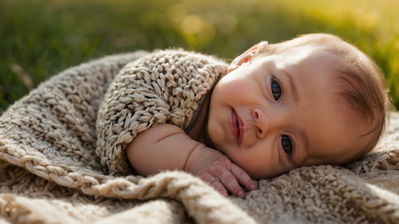 Portrait of adorable baby boy lying on blanket and looking at cameraの素材