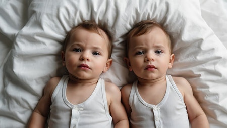Cute baby twins lying on bed and looking at camera, top viewの素材
