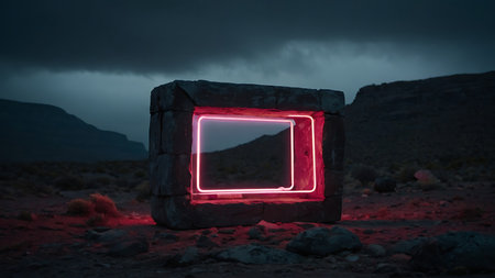 3d rendering of a neon sign in a stone box in the desertの素材