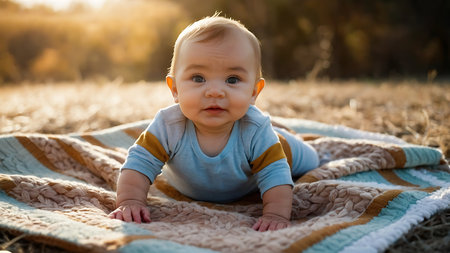 Cute baby boy lying on a blanket in the park at sunsetの素材