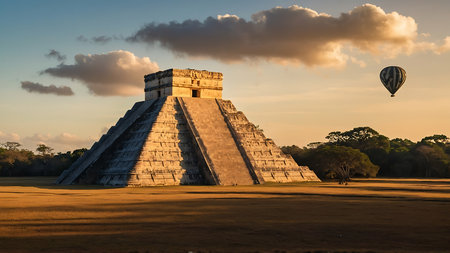 Chichen Itza pyramid at sunset, Yucatan, Mexicoの素材
