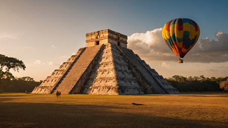 Hot air balloon over Chichen Itza, Yucatan, Mexicoの素材