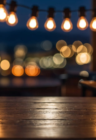Wooden table in front of abstract blurred bokeh background.の素材
