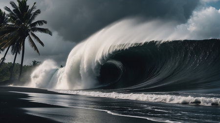 Hawaiian ocean wave crashing on black sand beach with palm treeの素材