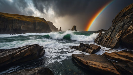 Stormy sea with rainbow and rocks at Reynisfjara, Icelandの素材
