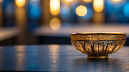 golden bowl on wooden table and bokeh light background.の素材