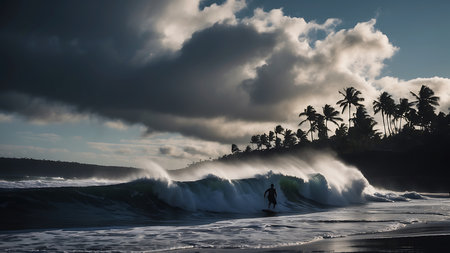 Surfer on a stormy ocean wave with palm trees in the backgroundの素材