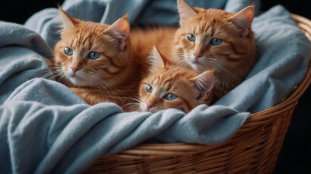 Cute ginger kittens lying in a wicker basket on a blanket.の素材