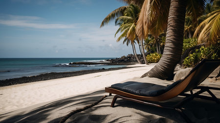 Chaise lounger on a tropical beach with palm treesの素材