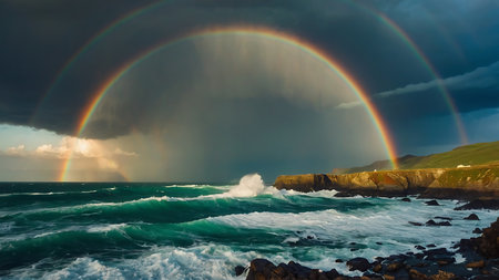 Rainbow over the Atlantic Ocean. Iceland. Europe. Beauty world.の素材