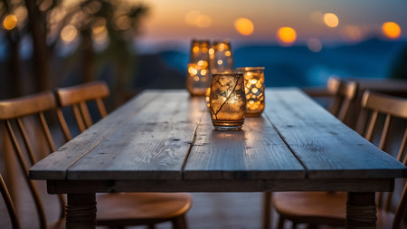 Lanterns on a wooden table in a restaurant at sunsetの素材
